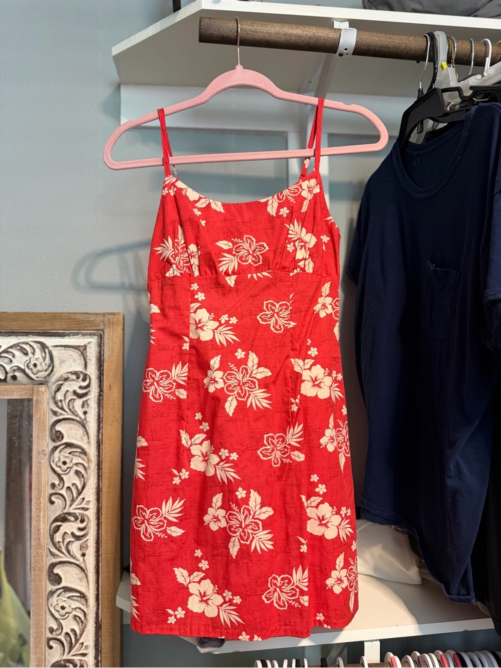 Red Floral Sundress with Cream Hibiscus Print